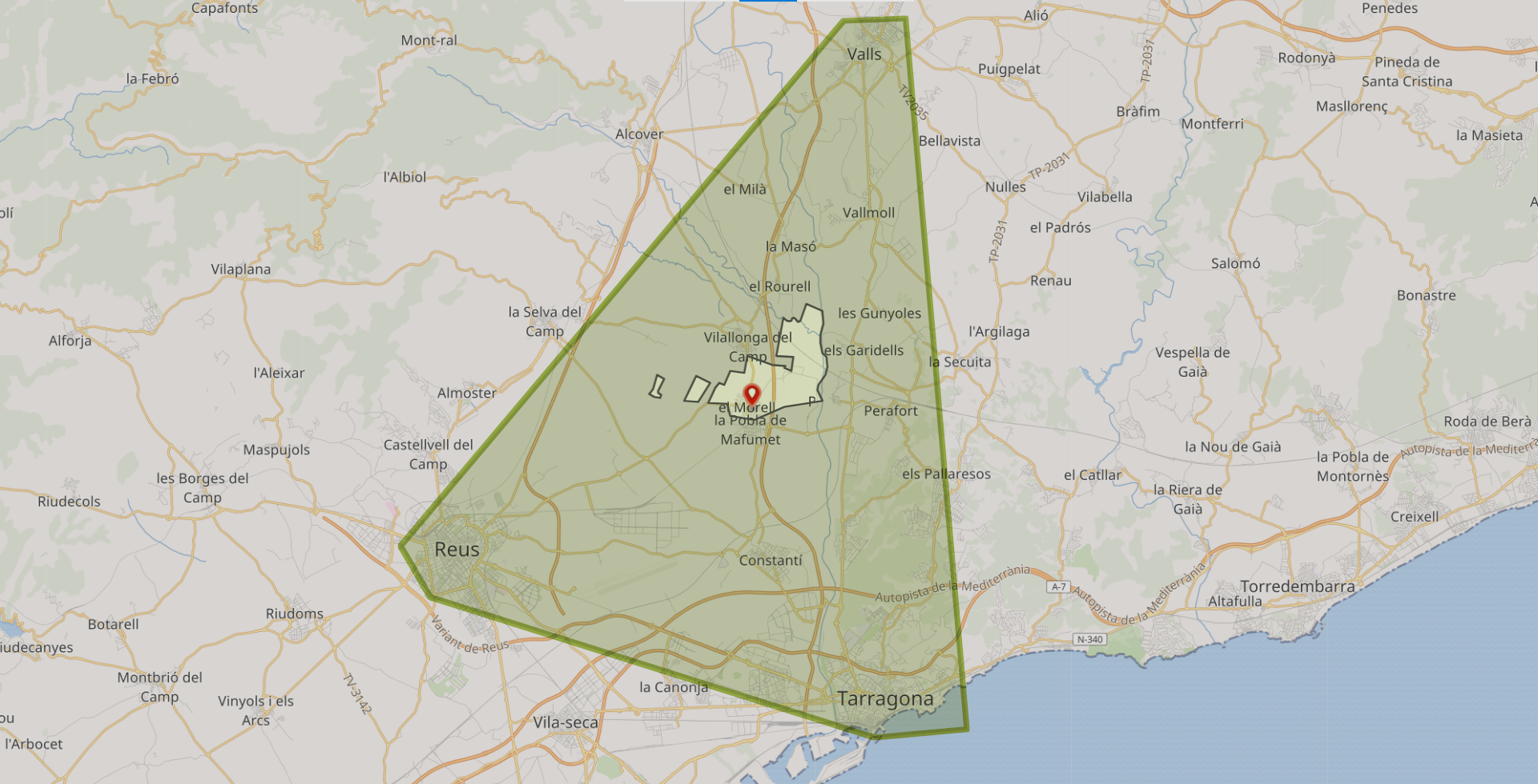 Emplaçament terme municipal El Morell entre Tarragona, Reus i Valls